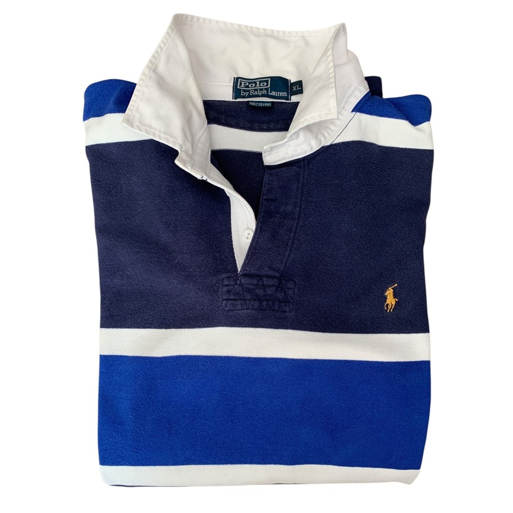 1990s Polo Ralph Lauren Rugby Stripes SZ XL Navy Blue Long Sleeve Preppy Shirt